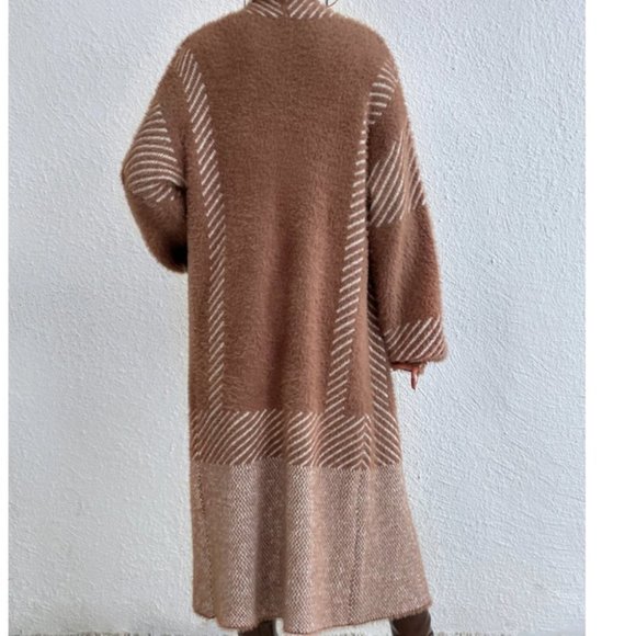 Open front striped print fuzzy sweater knit duster cardigan brown - Picture 4 of 6